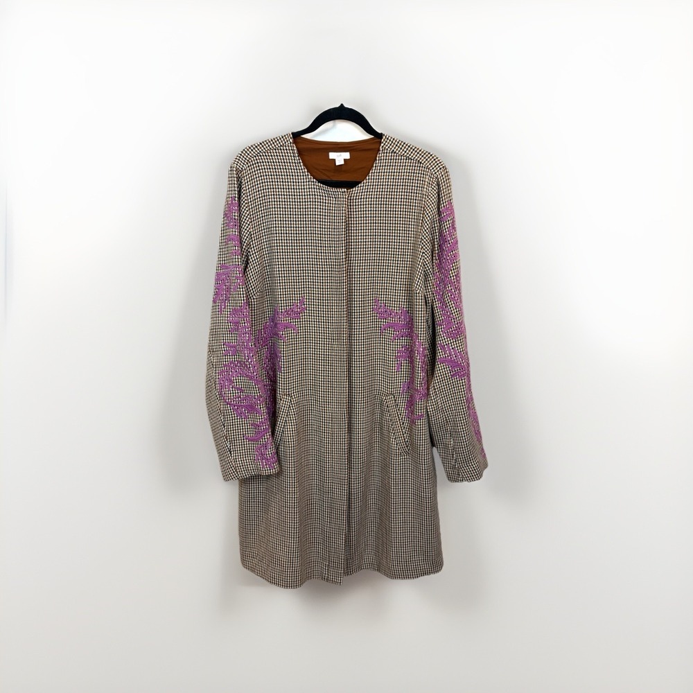 J. Jill Jacket Large Tall Embroidered Houdstooth Plaid Snap‎ Front Nutmeg